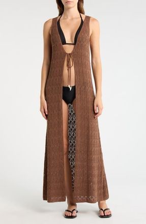 Elan Sleeveless Tie Front Pointelle Cover-Up in Brown at Nordstrom, Size X-Small