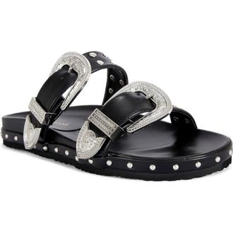 Azalea Wang Tegan Studded Two-Strap Sandal in Black at Nordstrom, Size 6.5