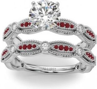 Allurez Antique Style Lab Ruby & Lab Grown Diamond Bridal Ring Set in Palladium (0.40ct)
