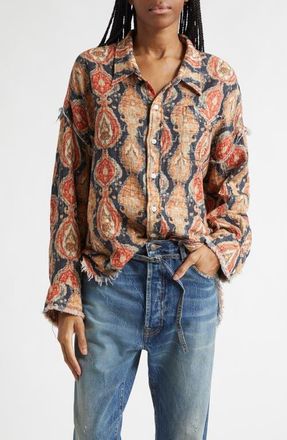 R13 Shredded Seam Drop Neck Cotton Gauze Button-Up Shirt in Orange Dark Navy Multicolor at Nordstrom, Size X-Small
