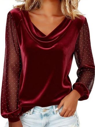 Generic Cowl Neck Velvet Tops for Women,Sparkly Sequin Springs Tops Trendy 2026,Elegant Long Sleeve Shirts Women,Dressy Casual Work Blouses,Holiday Christmas 