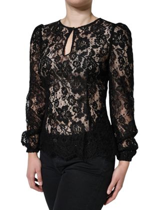 Dolce & Gabbana Womens Black Floral Lace See Through Long Sleeve Top Viscose Nylon