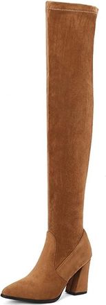 Generic Womens Faux Suede Over The Knee Thigh High Boots Pointed Toe Block Heel Pull On Warm Winter Shoes (5.5,Brown)