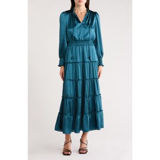 Halogen Satin Long Sleeve Tiered Maxi Dress in Emerald at Nordstrom Rack, Size Xx-Large