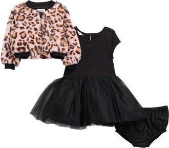 Pippa & Julie Maya Tutu Dress, Faux Fur Jacket & Bloomers Set in Pink/Black at Nordstrom, Size 12M