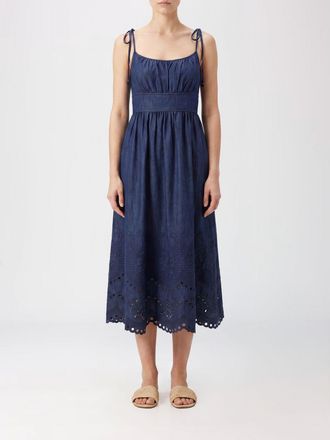 Zimmermann Abito midi A-line in denim di cotone con spalle scoperte e ricami