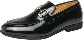 Generic Mens PU Leather Slip On Dress Loafers Pointed Toe Shoes with Metal Buckle Stylish Business Casual Flats Comfortable Formal Office Wear for Men(Black2,