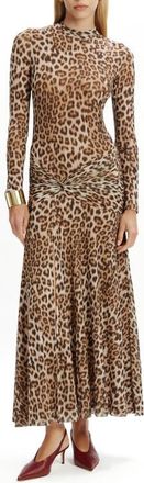 Bardot Lea Leopard Print Long Sleeve Mesh Midi Dress in B Leopard at Nordstrom, Size X-Small