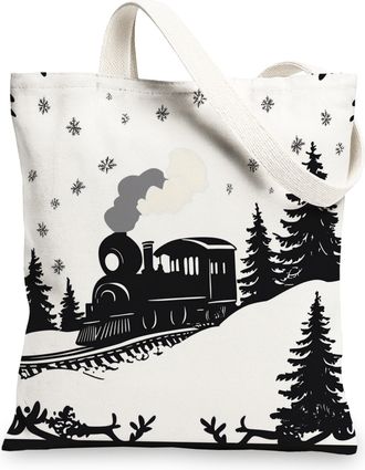 Generic Winter Christmas Steam Train Canvas Tote Bag for Shopping 13x15, Vintage Aesthetic Industry Xmas Reusable Grocery Print Pattern Bag for Women, Holiday