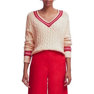 Boden Maeve Cable Stitch Cotton V-Neck Sweater in Ivory Cable Red at Nordstrom, Size X-Small