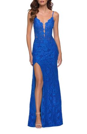 La Femme Stretch Lace Long Dress with Deep V Neckline in Royal Blue at Nordstrom, Size 12