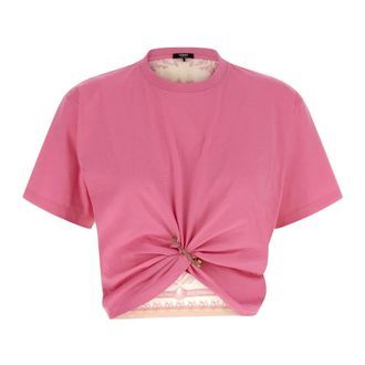 Versace T-Shirts, female, Pink, XS, Underwater Barocco Safety Pin Crop T-Shirt