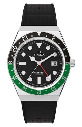 Timex Q Timex GMT Synthetic Rubber Strap Watch, 38mm in Black at Nordstrom