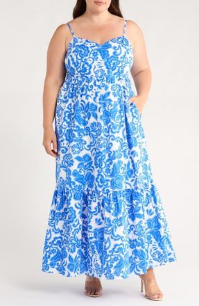 Sugarlips Magee Floral Cabana Sleeveless Maxi Dress in White/Blue/Multi at Nordstrom, Size 3 X
