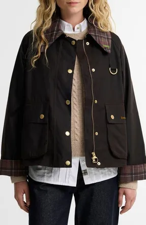 Barbour Icons Tartan Collar Spey Waxed Cotton Jacket in Rustic/muted at Nordstrom, Size 14