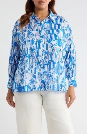 Sugarlips Nala Regie Print Cotton Button-Up Shirt in White-Blue at Nordstrom, Size 1X