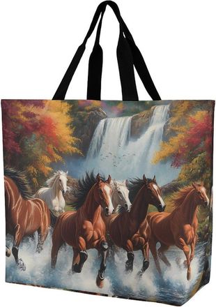 Generic Horses Running River Autumn Reusable Shopping Bags One Shoulder Grocery Tote Bag Waterproof Big Purse for Work Travel