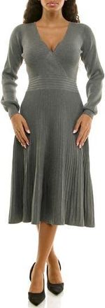 Nina Leonard Long Sleeve Ribbed Fit & Flare Sweater Dress in Charcoal at Nordstrom Rack, Size X-Large