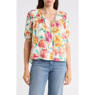 Nicole Miller Tie Front Puff Sleeve Tunic Top in Vintage Floral at Nordstrom Rack, Size X-Large