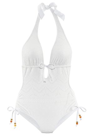 Lascana Badeanzug LASCANA Omara, Damen, Gr. 40, Cup A/B, beige (creme), Recycling-Polyamid, Strukturmuster, Badeanz&uuml;ge Badeanzug, mit Lochstickerei