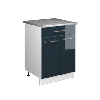 Vicco Mueble Bajo Para Fregadero/placa Fame-line, Azul Oscuro Alto Brillo/blanco, 60 Cm Con Caj&oacute;n, Et M&aacute;rmol, Vicco