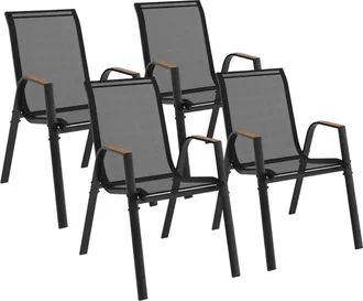 IDMarket Set Di 4 Sedie Da Giardino Impilabili Noumea In Metallo E Textilene, Nero E Legno
