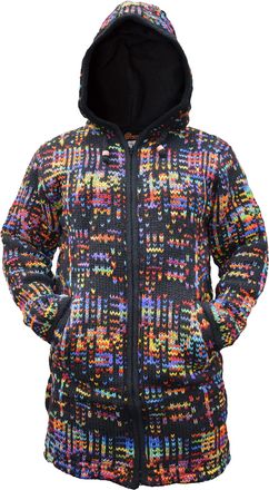 Gheri Mens Thick Knitted Wool Hooded Festive Long Coat Jacket Black Rainbow X-Large