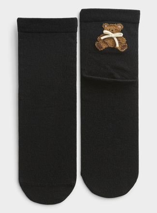Simons Womens Plush teddy bear and bow ankle socks