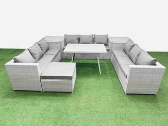 Fimous 10 Seat Patio PE Rattan Garden Furniture with 2 Side Tables Big Stool in Light Grey
