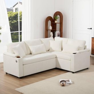 Merax L-Shaped Pull-Out Corner Sofa Bed with Smart USB Ports & Storage in Beige