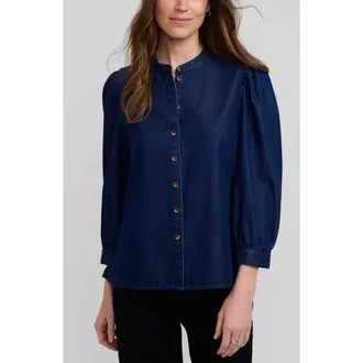 Foxcroft Helsa Puff Sleeve Denim Shirt in Dark Wash Blue at Nordstrom, Size X-Large