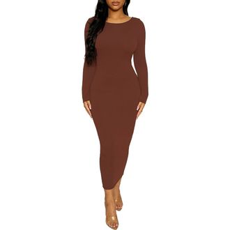 Naked Wardrobe Timeless Long Sleeve Body-Con Midi Dress in Chocolate at Nordstrom, Size Small