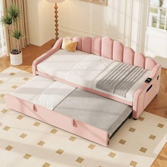 Merax 3ft Single Upholstered Daybed with Trundle & Side Pockets in Pink