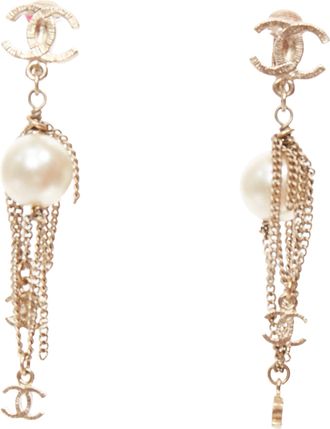 Chanel 09A gold triple CC logo faux pearl PVC drop clip earrings Pair