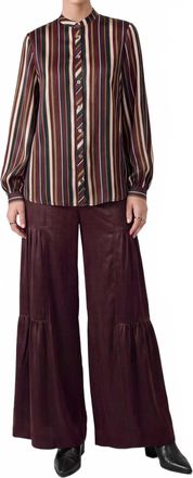 Current Air Striped Long Sleeve Blouse In Burgundy Multi
