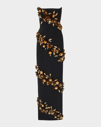 Carolina Herrera 3D Floral Embellished Strapless Column Gown
