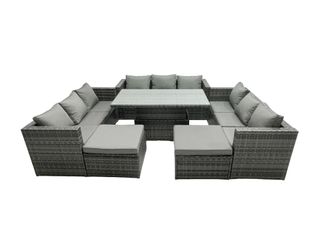 Fimous Rattan Dining Table Sofa Set with 2 Big Stool Outdoor 11 Seat in Dark Grey