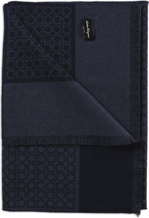 Ferragamo Sjaal met franje en logopatroon - Blauw