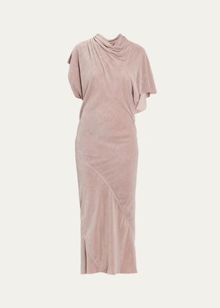 Rick Owens Seb Draped Velvet Asymmetric Short-Sleeve Midi Dress