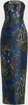 Theia Lynette Strapless Floral-Print Column Gown