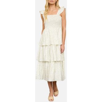 August Sky Smocked Tiered Midi Dress in Ivory Multi at Nordstrom Rack, Size Medium