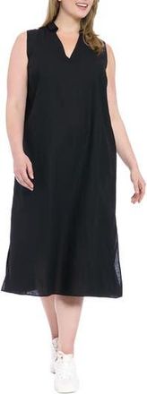 London Times Collared Popover Linen Blend Midi Dress in Black at Nordstrom Rack, Size 1X
