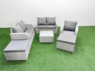 Fimous High Back Poly Rattan Garden Furniture Set w/ Reclining Chair Loveseat Sofa Square Coffee Table Indoor Outdoor Patio Set 2 Big Stool Light Grey
