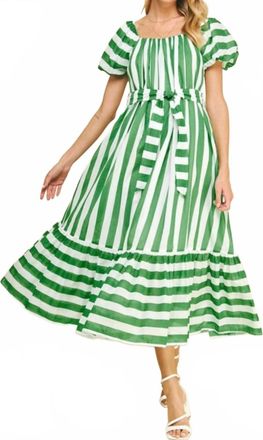 Pinch Design Striped Midi Puff Sleeve Dress In Green