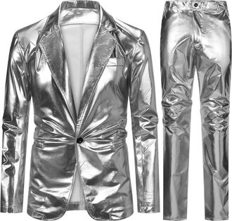 AlltheMen Mens Shiny 2 Piece Suits Slim Fit 1 Button Tuxedo Suits Casual Jacket Trousers for Wedding Party Silver XXL