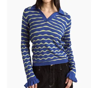 Damson Madder Silvia Cotton Merino Blend Polo Jumper In Blue/mint