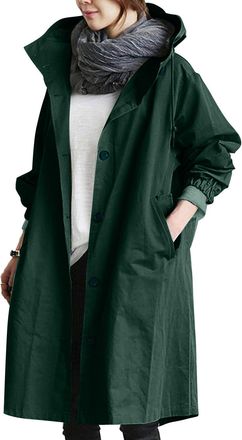 Generic Womens Waterproof Jackets Lightweight Casual Plus Size Rain Jacket Hooded Winter Single Breasted Long Windbreaker Solid Color Trench Coat Outdoor Oute