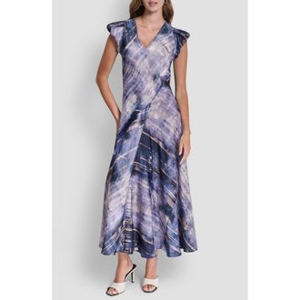 DKNY Puff Sleeve Satin Maxi Dress in Hudson Lights at Nordstrom, Size X-Large