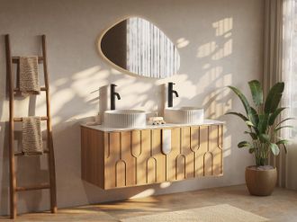 Vente-Unique Mobile bagno testurizzato sospeso con doppio lavabo da appoggio rotondo scanalato Naturale chiaro L120 cm - MERKAN