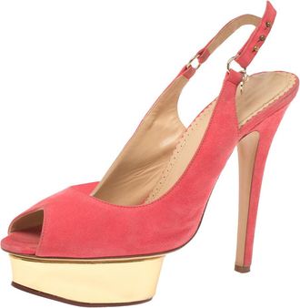Charlotte Olympia Pink Suede Slingback Peep Toe Platform Sandals